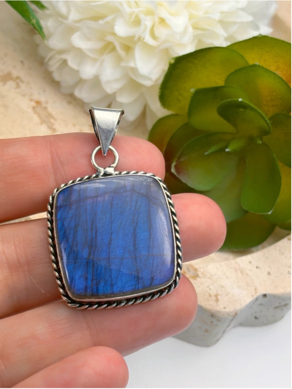 Blue & Purple Labradorite Pendant Square Cushion Sterling Silver 925 Overlay